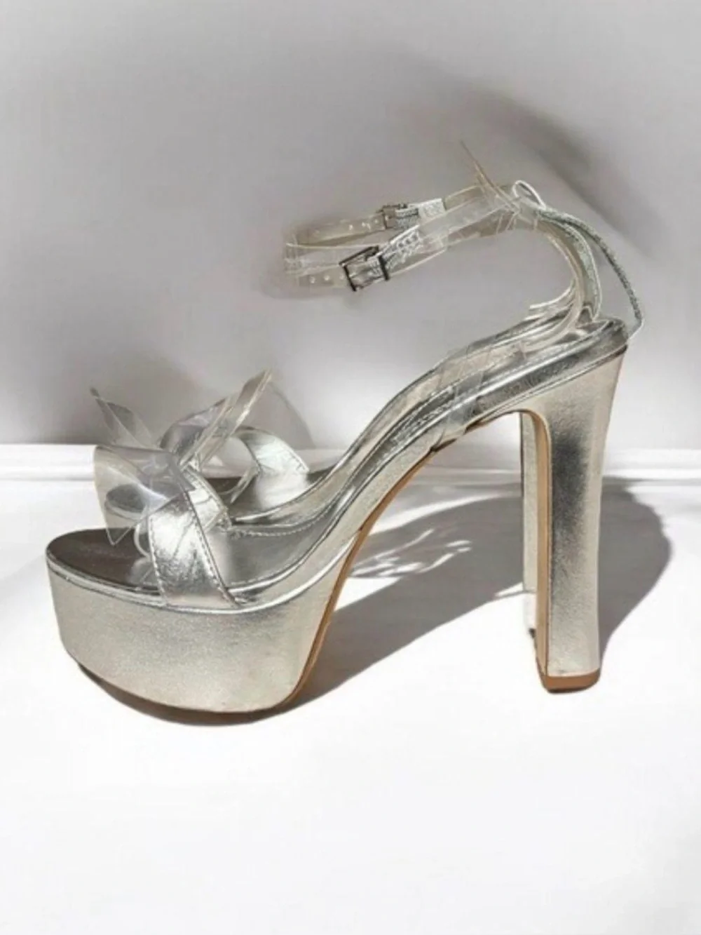 Schutz Elyda Metallic Silver & Clear PVC Platform Heels Sandal 9B / 39